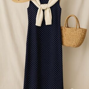 Jamie Brooke Navy Polka Dot Midi Dress | Size 14 | Rayon | Y2K Classic